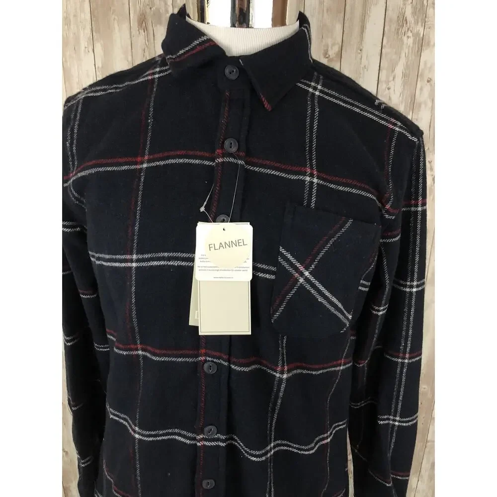 De Facto Shirt Mens Medium Button Up Flannel Pocket Winter Plaid Navy Blue N114